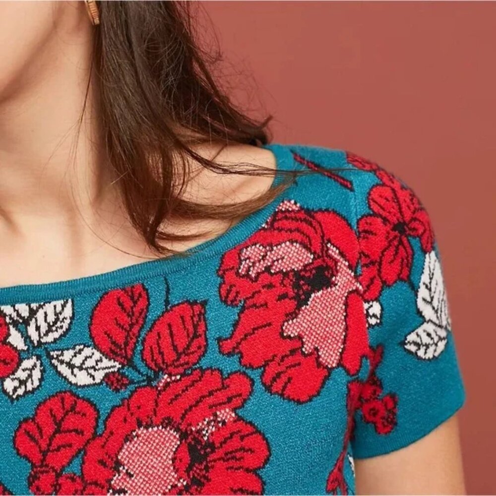 Anthropologie Maeve Allison Teal Floral Knit Sweater Dress Sz Small EUC Holiday - Picture 4 of 8
